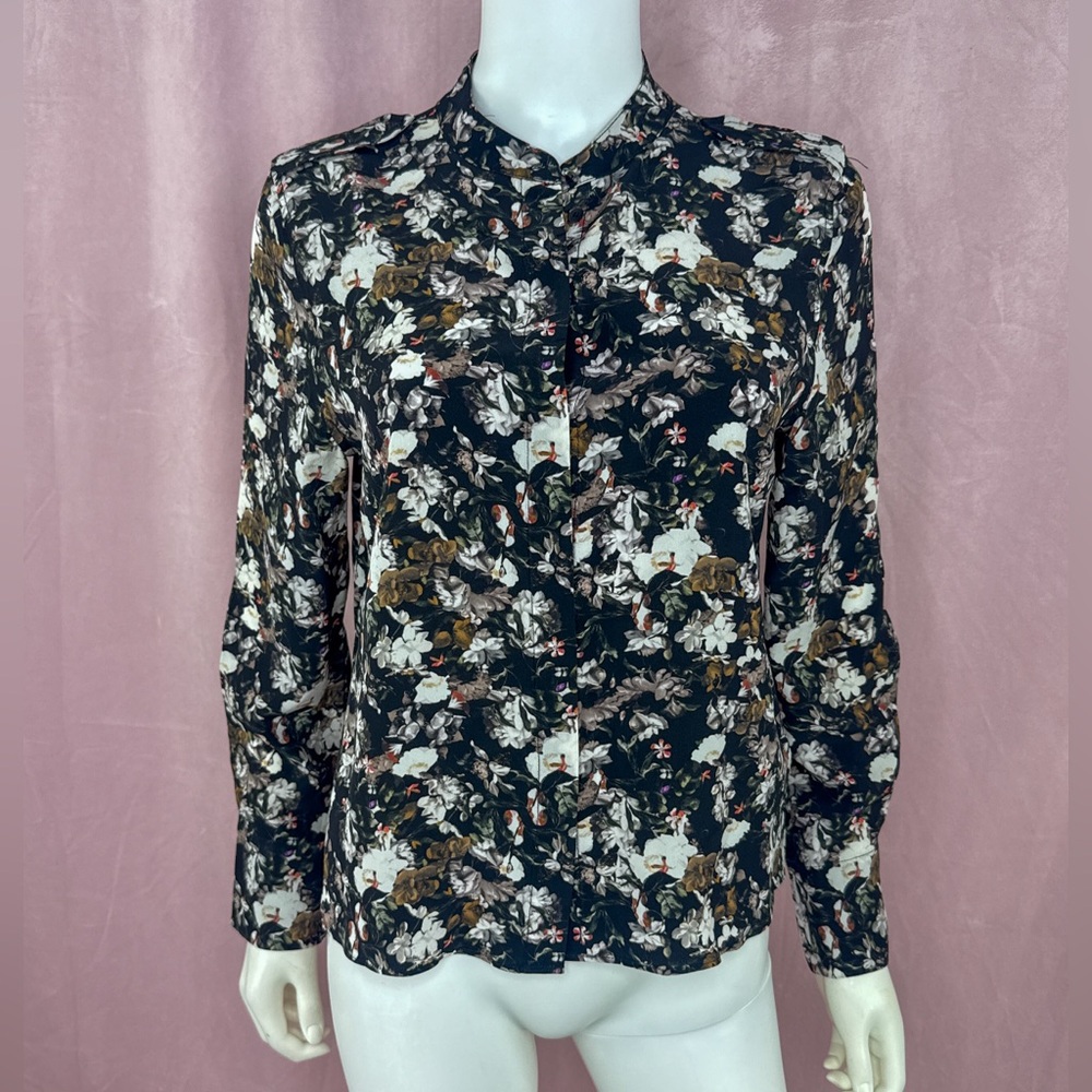 All Saints Womens Black 100% Silk Floral Button Down Blouse Size 6 Medium
